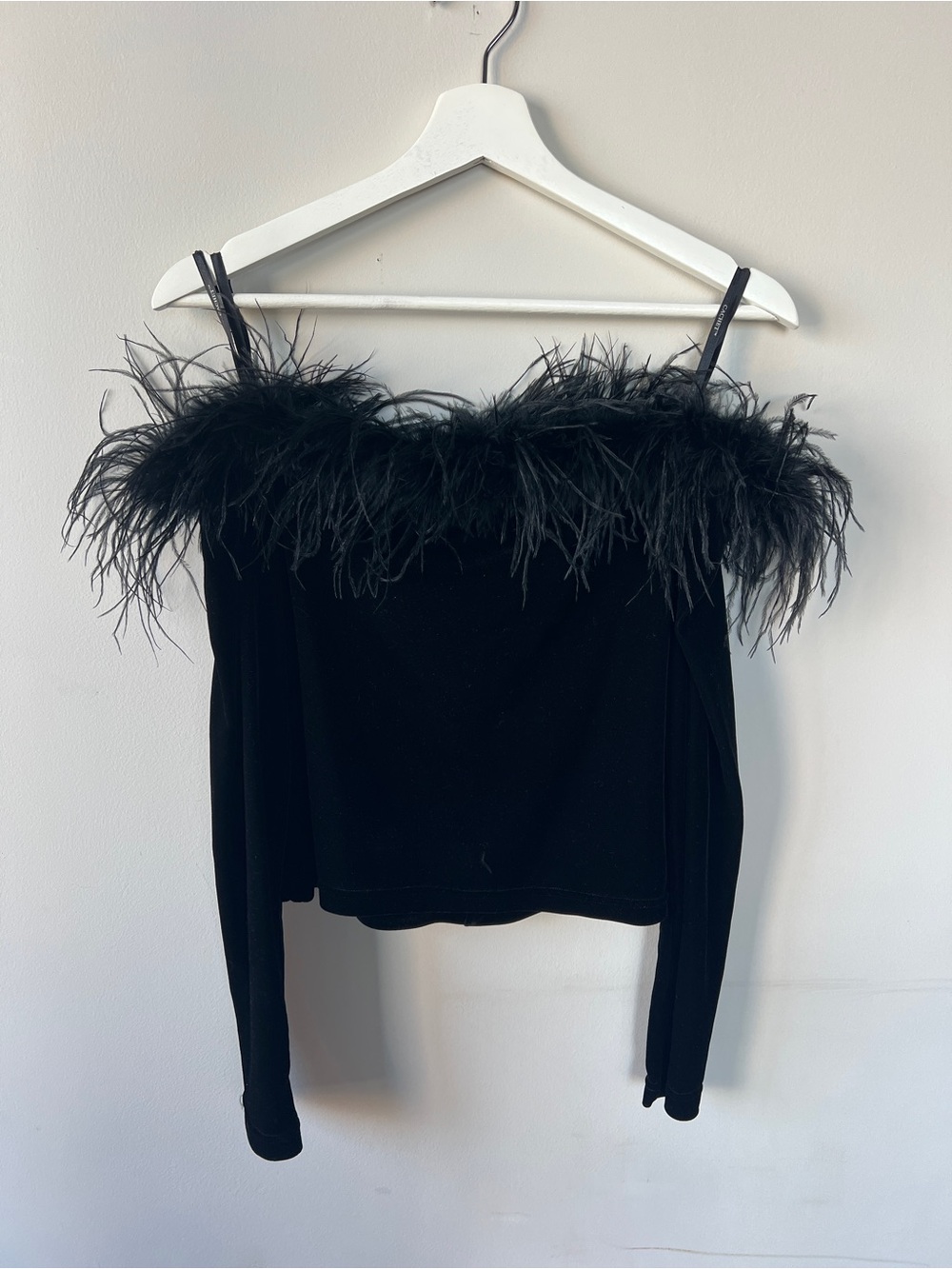 Cachet Black Feather-Trim Off-Shoulder Top